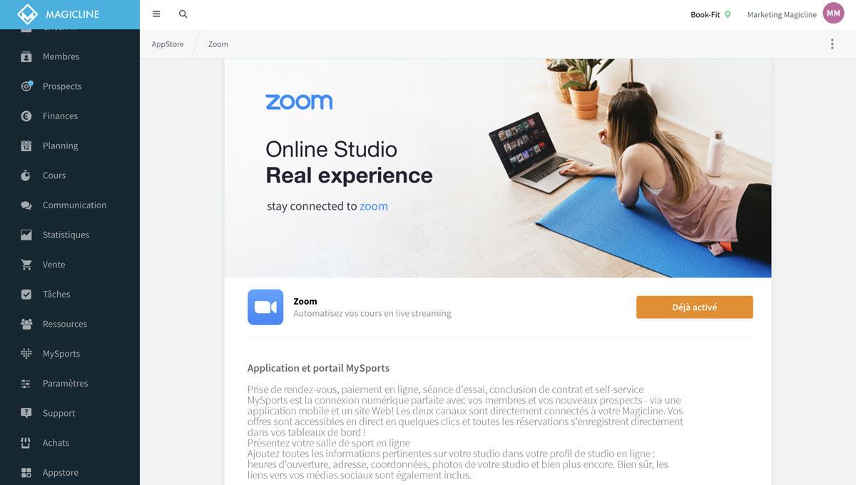 Zoom peut être activé simplement dans l'Appstore de Magicline.