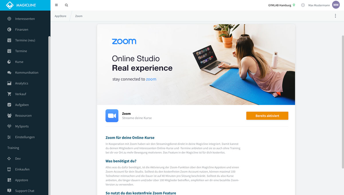 Im Magicline Appstore steht Zoom™ als Feature für dich bereit.