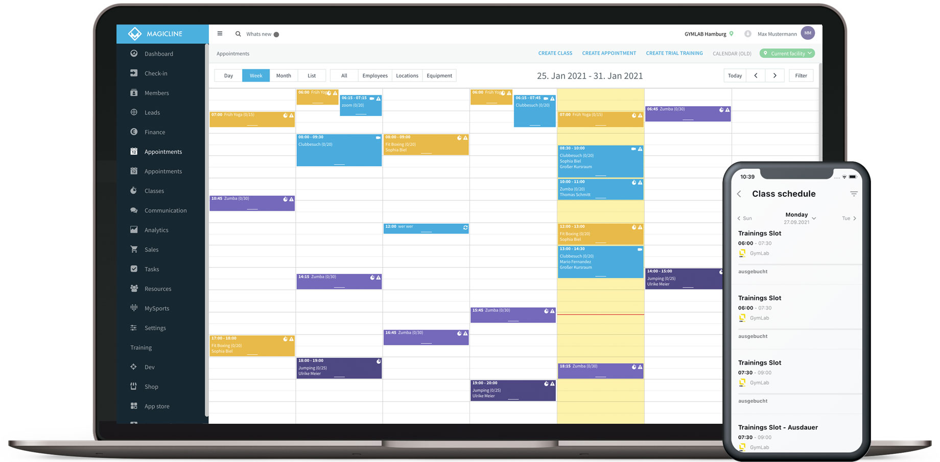With our scheduling tool class planning becomes easier than ever. It takes all resources that are required for a session including staff, rooms and equipment into account automatically and thus avoids conflicts of any kind. You can also set a maximum amount of participants per class and create waiting list options to avoid overbooking.
